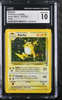 CGC 10 Raichu 16/130 - 🌊 Holo Base Set 2 Pokemon TCG 🖤 - GEM MINT - Image 1