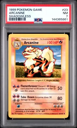 1999 Pokemon Base Set (Shadowless) ARCANINE #23/102 NM PSA 7 - Image 1