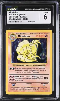 Ninetales 12/102 Shadowless Holo Rare 1999 Base Set VTG Pokemon TCG CGC 6 EX/NM - Image 1