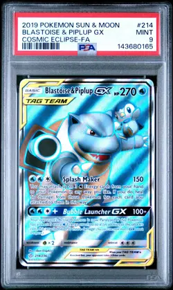 2019 POKEMON SUN & MOON COSMIC ECLIPSE #214 FULL ART/BLASTOISE & PIPLUP GX PSA 9 - Image 1
