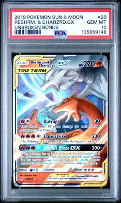 2019 POKEMON SUN & MOON UNBROKEN BONDS #20 RESHIRAM & CHARIZARD GX PSA 10 - Image 1