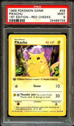PSA 9 MINT Pikachu 58/102 ERROR RED CHEEKS 1st Edition Base Set Pokemon Card 759 - Image 1