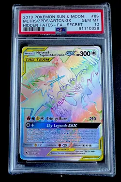 PSA 10 GEM 2019 Pokemon Moltres Zapdos Articuno GX 69/68 Secret Rare Hidden Fate - Image 1
