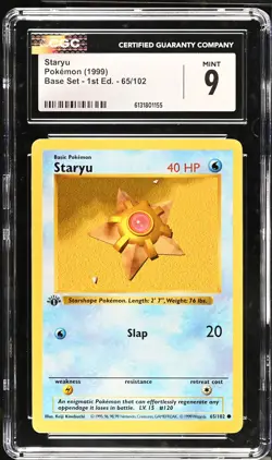 CGC 9 MINT Staryu 65/102 1st Edition Shadowless Base Set Pokemon Card - Image 1