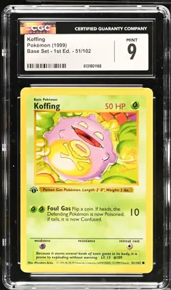 CGC 9 MINT Koffing 51/102 1st Edition Shadowless Base Set Pokemon Card - Image 1