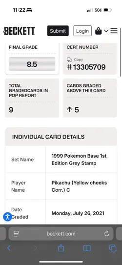 Pokemon Pikachu Yellow Cheeks 1st Edition Gray Stamp Base Set 1999 BGS 8.5 POP 3 - Image 3
