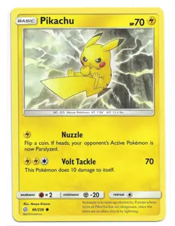 Pokemon Pikachu Trading Card Common, 66/236, Sun & Moon Cosmic Eclipse Expansion - Image 1