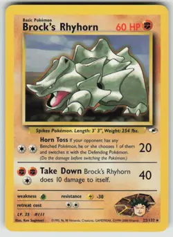 Brock's Rhyhorn 22/132 Rare Gym Heroes Pokemon Unlimited Lightly Played - Image 1