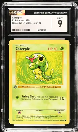 CGC 9 MINT Caterpie 45/102 1st Edition Shadowless Base Set Pokemon Card - Image 1