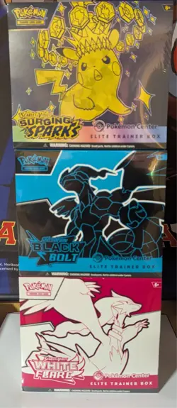 3 sealed pokemon center etbs (surging sparks, black bolt, white flare) - Image 1