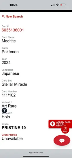 CGC 10 Pristine Meditite 111/102 AR Art Rare Stellar Miracle sv7 Pokemon Card - Image 5