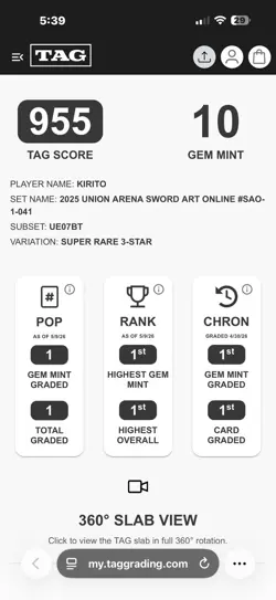 Union Arena 3 Star Kirito SAO Vol.1 TAG 10 GEM MINT POP 1! - Image 4