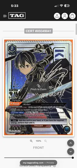 Union Arena 3 Star Kirito SAO Vol.1 TAG 10 GEM MINT POP 1! - Image 5
