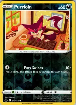 Purrloin 077/159 Common Crown Zenith Pokemon Reverse Holo NM - Image 1
