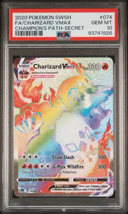 2020 Pokemon SWSH FA/Charizard VMAX #074 Champion's Path Secret Rainbow PSA 10 - Image 1