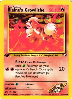 Pokemon TCG Blaine's Growlithe Gym Heroes 62/132 Regular 1st Edition Common LP - Image 1
