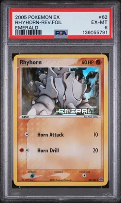 2005 POKEMON EX EMERALD #62 RHYHORN-REVERSE FOIL PSA 6 - Image 1