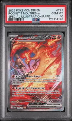 2025 POKEMON DRI EN-DESTINED RIVALS #229 TEAM ROCKET'S MOLTRES EX PSA 10 - Image 1