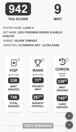 2022 Pokemon SWSH Silver Tempest Lugia V 186 TAG 9 Mint Alt Art - Image 3