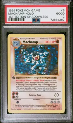 1999 POKEMON GAME 1ST EDITION-SHADOWLESS #8 MACHAMP-HOLO PSA 2 - Image 1
