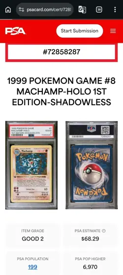 1999 POKEMON GAME 1ST EDITION-SHADOWLESS #8 MACHAMP-HOLO PSA 2 - Image 2