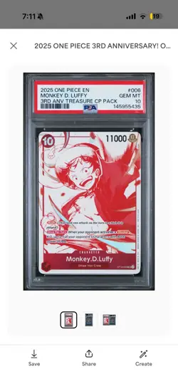 One Piece CCG Monkey D. Luffy ST10-006 Foil PSA 10 3rd ANV Treasure CP - Image 1