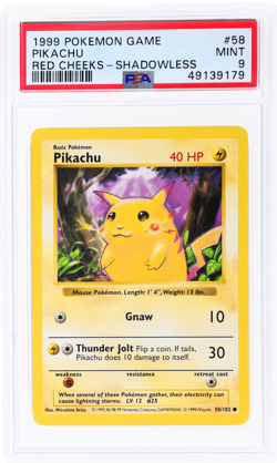 1999 Pokemon Base Set Pikachu Red Cheeks Shadowless #58 PSA 9 - Image 1