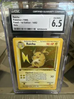 Pokemon TCG Raichu 1st Edition Holo 14/62 Fossil Set CGC 6.5 sticker on back - Image 1