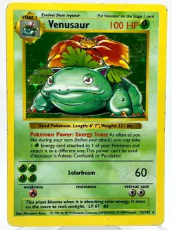 Venusaur 15/102 Base Set Shadowless Holo Rare Vintage 1999 WotC Pokemon Card - Image 1