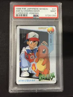 PSA 9 Ash & Charmander #27 Pokemon Bandai Anime Carddass Vending Card - Image 1