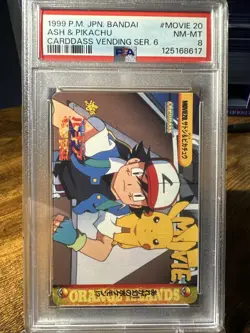 1999 Pokemon Japanese Bandai Animae Vending Series 6 #Movie20 Ash/Pikachu PSA 8 - Image 1