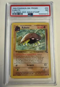 Kabuto Gold W Stamp Stamped Pokemon Card - WOTC Promo - Fossil - 50/62 - PSA 7 - Image 1