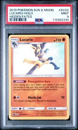 Pokemon Lucario SV22/SV94 Hidden Fates: Shiny Vault Holo PSA 9 - Image 1