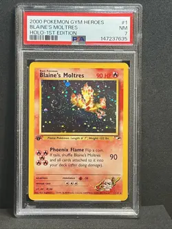 Blaine's Moltres Holo 1st Edition #1 🌀 SWIRL 2000 Pokemon Gym Heroes PSA 7 NM - Image 1