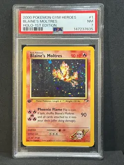 Blaine's Moltres Holo 1st Edition #1 🌀 SWIRL 2000 Pokemon Gym Heroes PSA 7 NM - Image 2