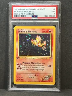 Blaine's Moltres Holo 1st Edition #1 🌀 SWIRL 2000 Pokemon Gym Heroes PSA 7 NM - Image 3