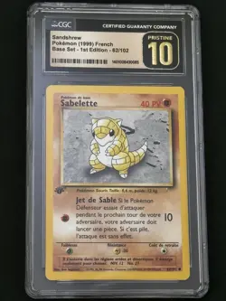 Pokemon Sabelette (sandshrew) 1999 French Base Set 1st Ed. 62/102 CGC Pristine - Image 1