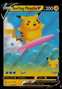 Surfing Pikachu V 008/025 Holo V Rare Celebrations Pokemon Near Mint - Image 1
