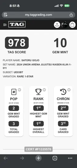 Union Arena JJK-1-011 Satoru Gojo R* 1 Star TAG 10 POP 2 RANK 1 - Image 2