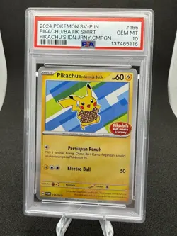2024 POKEMON INDO SV-P PROMO #155 PIKACHU/BATIK SHIRT PIKACHU'S IDN.JRNY PSA 10 - Image 1