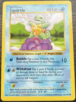 Squirtle 063/102 Pokemon TCG WOTC Base Set Shadowless Common MINT NM - Image 1
