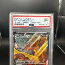 2025 Pokemon Destined Rivals Rocket’s Moltres #208 UPC Stamped EN Graded PSA 9 - Image 2