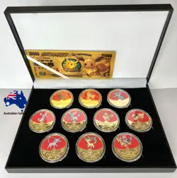 10 Pc Set Pokemon Eevee Evolution Coins Gold Plated Collectibles Gift Birthday - Image 1
