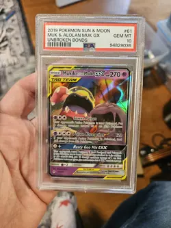 2019 POKEMON SUN & MOON #61 MUK & ALOLAN MUK GX TAG TEAM UNBROKEN PSA 10 - Image 1