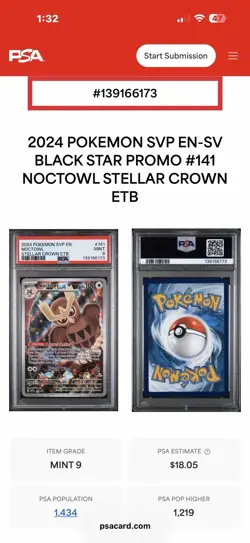 PSA 9 Noctowl Black Star Promo 141 - English Pokemon Stellar Crown ETB - Image 3