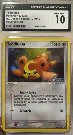 Teddiursa Pokemon 2005 EX Unseen Forces - 77/115 Reverse Holo VINTAGE CGC 10 - Image 1