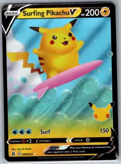 Surfing Pikachu V 008/025 Celebrations - Pokemon Card - NM - Image 1