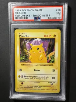 Pokemon Pikachu Base Set Shadowless Red Cheeks 58/102 PSA 7 NM - Image 1
