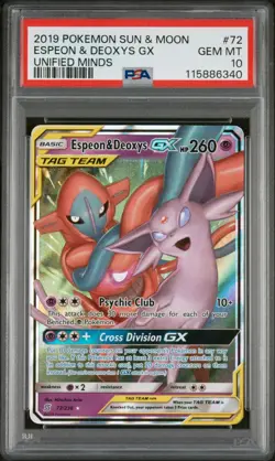 2019 POKEMON SUN & MOON UNIFIED MINDS #72 ULTRA RARE ESPEON & DEOXYS GX PSA 10 - Image 1