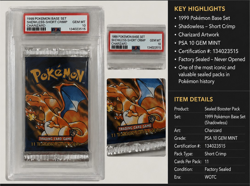 1999 Pokemon Base Set Shadowless Booster Pack Charizard Art PSA 10 GEM MINT WOTC - Image 1